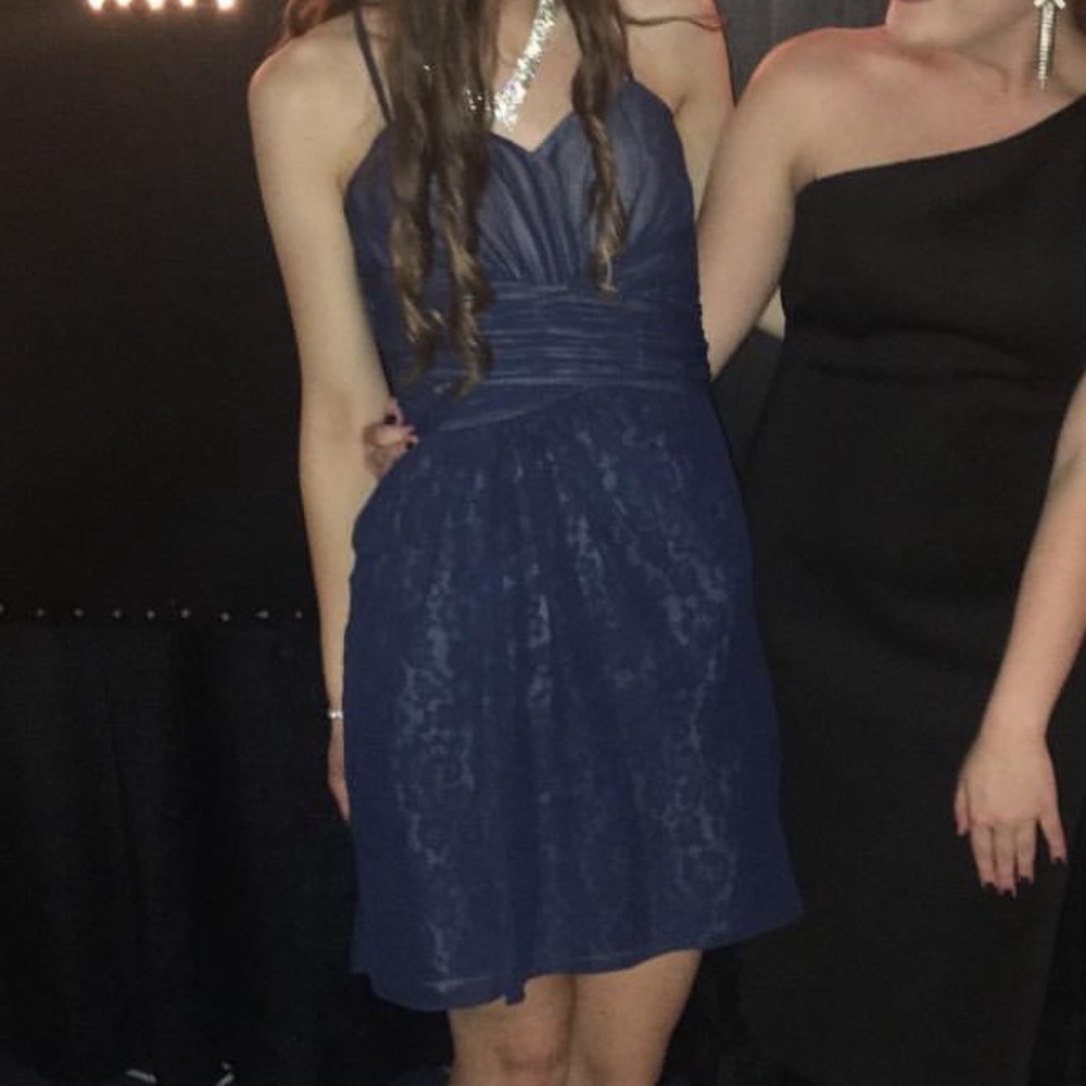 Christina Wu short navy dress with champagne and navy lace underlay